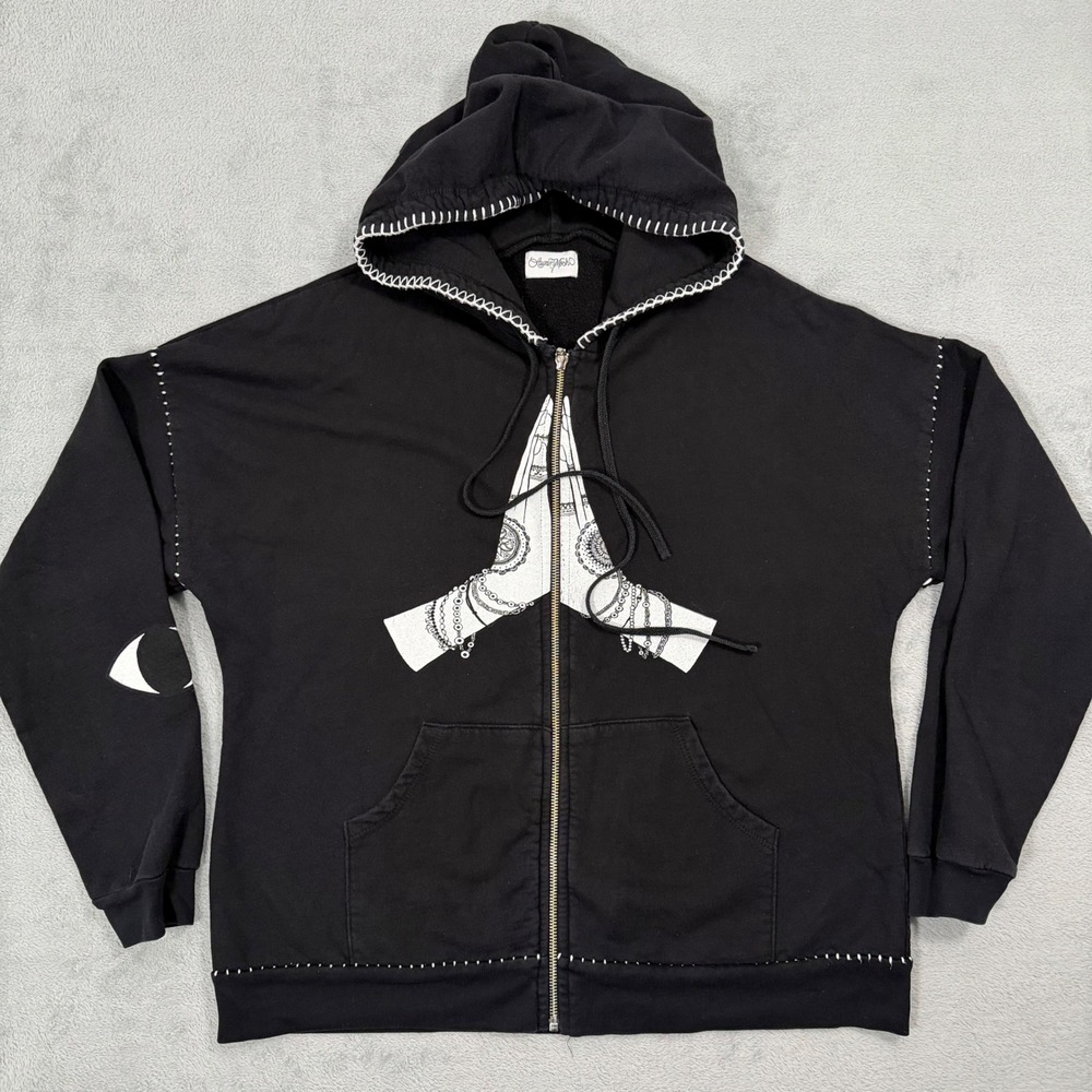 Lauren Moshi Sweater Womens Large Black Praying Hands Whipstitch Full Zip Hoodie